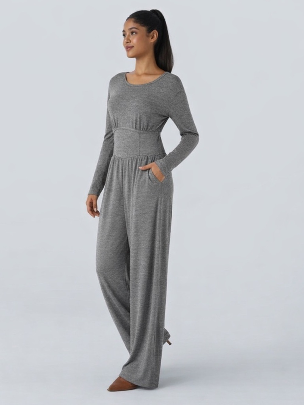 HALARA Jumpsuit Large Gray Boat Neck Corset Waist Wide Leg Pockets NWT Stretch